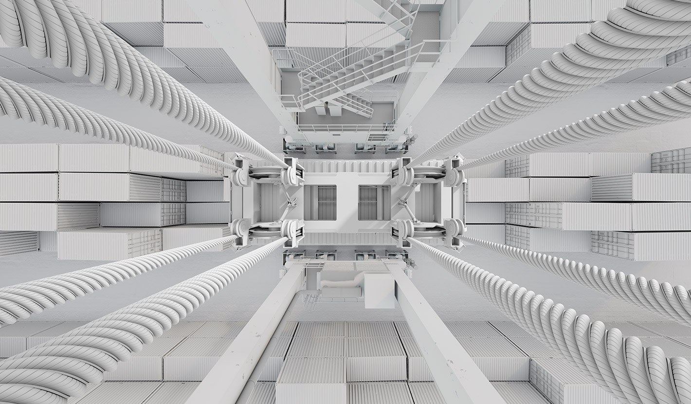 Blick nach oben auf eine industrielle Struktur mit großen Spiralkabeln, Metallträgern und Plattformen, die alle in einem monochromen weißen Farbschema gehalten sind und ein symmetrisches und geometrisches Muster bilden.