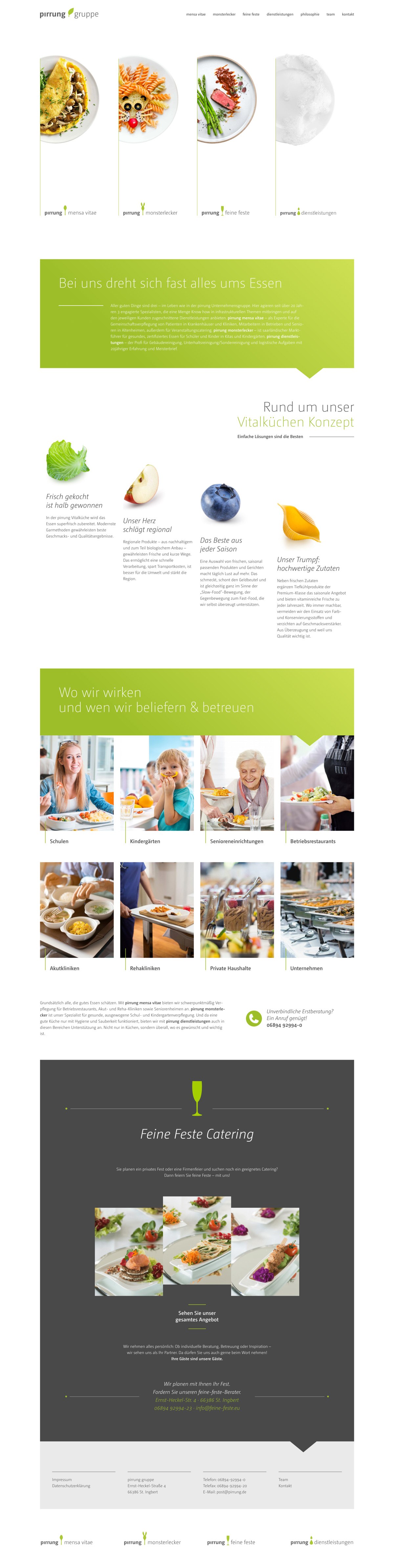 Screenshot einer Catering-Website der pirrung gruppe mit Bildern von frischen Salaten, Team-Mitgliedern bei der Zubereitung von Speisen, stilvoll angerichteten Gerichten und Abschnitten, die ihre Dienstleistungen, Philosophie und Kontaktinformationen in einem klaren, modernen Design beschreiben.