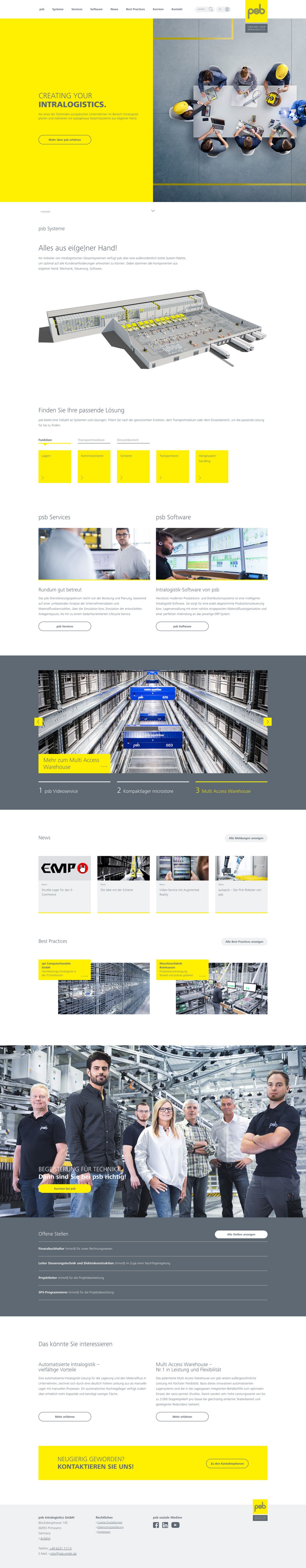 Eine moderne Website-Homepage in den Farben Gelb, Weiß und Grau zeigt Grafiken von Bauhelmen, Architekturpläne, Produktkategorien, vorgestellte Marken und eine Gruppe von fünf Personen, die in einem lagerähnlichen Raum stehen.