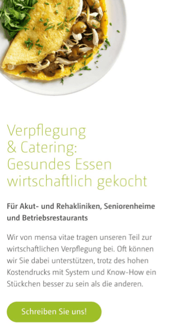 Oben ist ein Teller mit einem Omelett zu sehen, das mit Pilzen und Kräutern gefüllt und mit Petersilie garniert ist. Der deutsche Text darunter wirbt für eine gesunde und kostengünstige Verpflegung für Kliniken, Seniorenheime und Betriebskantinen durch die Pirrung Gruppe Webentwicklung.