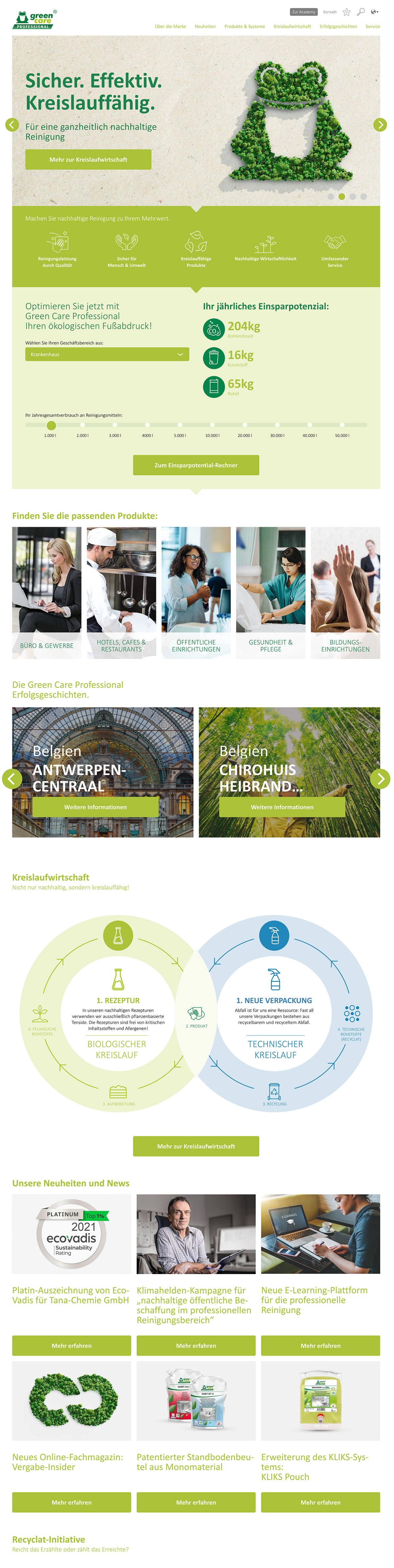 Screenshot einer deutschen Website für umweltfreundliche Reinigungsprodukte von Werner & Mertz mit grünen Akzenten, Produktkategorien, Infografiken zu Nachhaltigkeit und Recycling, Nachrichten, Kundenberichten und Bildern von Pflanzen und sauberen Räumen.