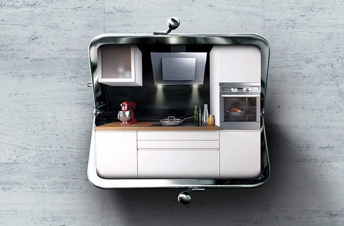 Eine moderne weiße Küche mit Schränken, Backofen, Herd und Geräten wird in einem offenen Münzbeutel vor einem grauen, strukturierten Hintergrund gezeigt, der an das klare Design erinnert, das man oft auf einer Unternehmenswebsite sieht.