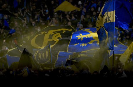 Eine große Menge von Fans des 1. FC Saarbrücken schwenkt blaue und gelbe Fahnen in einem Stadion, in dessen Mitte eine Flagge mit einem schwarzen Panther und einem weißen Hund zu sehen ist. Die Szene ist lebhaft und energiegeladen, erfüllt von Teamgeist.