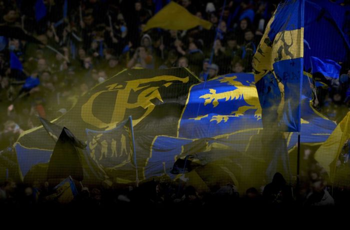 Eine große Menge von Fans des 1. FC Saarbrücken schwenkt blaue und gelbe Fahnen in einem Stadion, in dessen Mitte eine Flagge mit einem schwarzen Panther und einem weißen Hund zu sehen ist. Die Szene ist lebhaft und energiegeladen, erfüllt von Teamgeist.