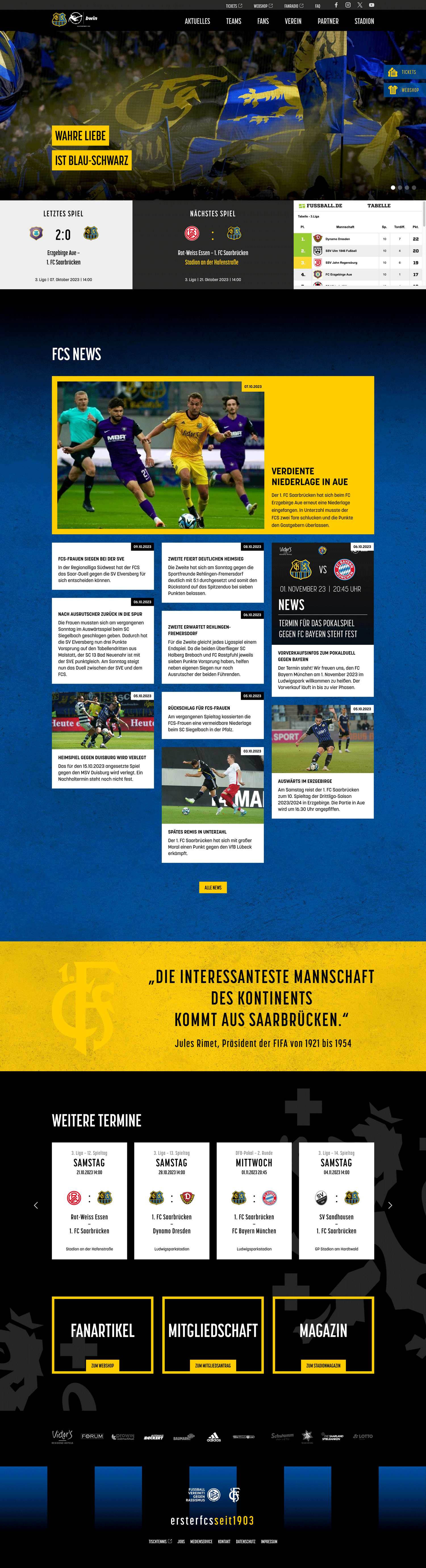 Screenshot der Website des 1. FC Saarbrücken mit Spielergebnissen, Nachrichtenartikeln mit Spielerfotos, anstehenden Veranstaltungen und Links zum Fanshop, zur Mitgliedschaft und zum Magazin, alles in einem blau-gelben Farbschema.