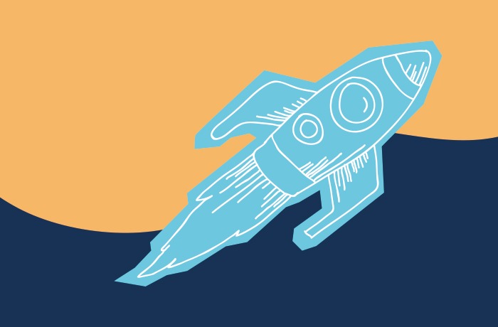 Ein stilisiertes blaues Raketenschiff mit Flammenspuren erhebt sich in die Höhe und symbolisiert den innovativen Geist des Schwesternverbandes vor einem Hintergrund, der oben in leuchtendem Orange und unten in tiefem Blau gehalten ist.