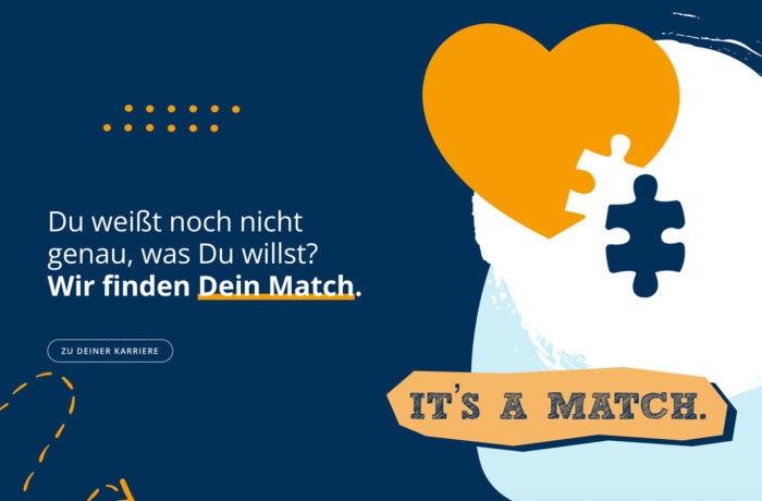 Eine Grafik mit einem Herz und einem Puzzleteil, einem Button mit der Aufschrift Zu deiner Karriere und einem Text auf Deutsch: Du weißt noch nicht genau, was Du willst? Wir finden Dein Match - ob im Schwesternverband, Sozialdienst oder in der Pflege. Darunter ein beiges Banner: ITS A MATCH. Eine Grafik mit einem Herz und einem Puzzleteil, einem Button mit der Aufschrift Zu deiner Karriere und einem Text auf Deutsch: Du weißt noch nicht genau, was Du willst? Wir finden Dein Match - ob im Schwesternverband, Sozialdienst oder in der Pflege. Darunter ein beiges Banner: ITS A MATCH.