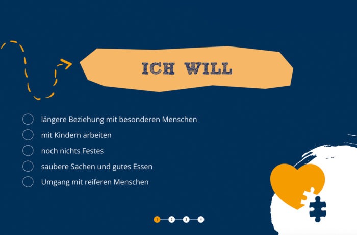 Eine blaue Grafik mit der Überschrift ICH WILL listet Wünsche wie eine lange Beziehung, die Arbeit mit Kindern und gutes Essen auf, die zentrale Werte von Pflege- und Sozialunternehmen widerspiegeln. Unten rechts sind ein Herz und ein Puzzlestück abgebildet. Eine blaue Grafik mit der Überschrift ICH WILL listet Wünsche wie eine lange Beziehung, die Arbeit mit Kindern und gutes Essen auf, die zentrale Werte von Pflege- und Sozialunternehmen widerspiegeln. Unten rechts sind ein Herz und ein Puzzlestück abgebildet.
