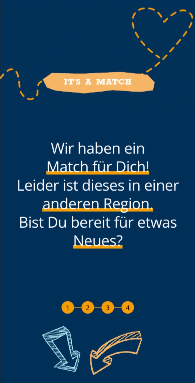Eine dunkelblaue Grafik mit orangefarbenem und weißem Text, der lautet: Es ist ein Streichholz. Wir haben ein Streichholz für Dich! Leider ist dieses in einer anderen Region. Bist Du bereit für etwas Neues? Schwesternverband-Logo, dekorative Pfeile und Icons sind enthalten.