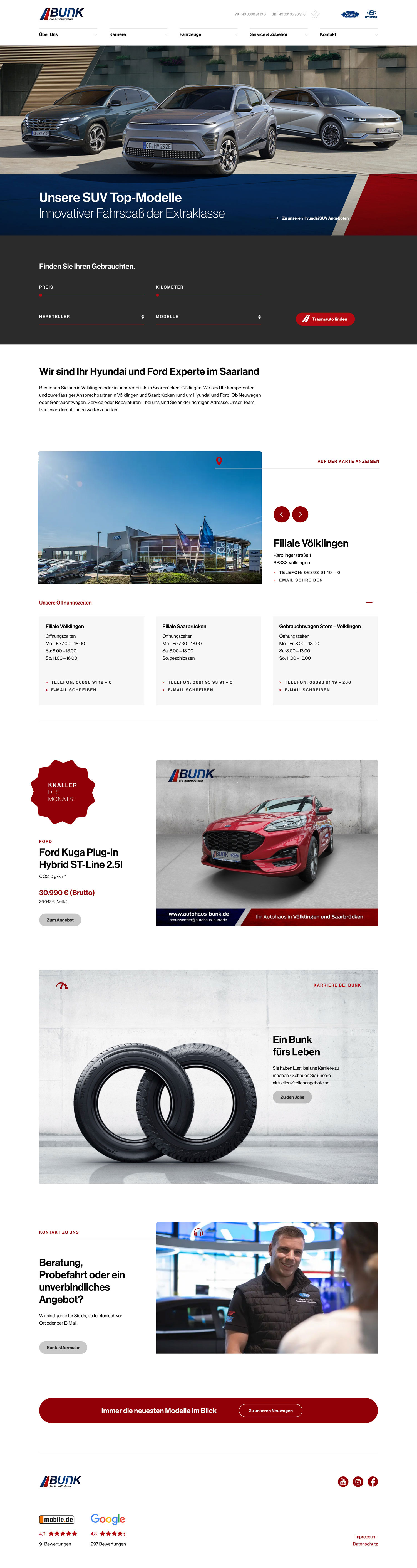 Screenshot der Website eines deutschen Autohauses, das Hyundai und Ford anbietet. Die Seite zeigt SUVs, Händlerstandorte, Angebote, Serviceinformationen, Nachrichten und eine Kontakttaste. Das Layout ist sauber mit Bildern von Fahrzeugen, Mitarbeitern und Reifen.