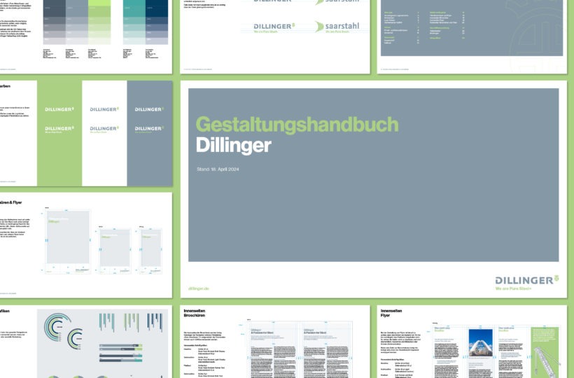 Eine Collage von Seiten aus den Corporate-Design-Richtlinien von Dillinger, die Farbpaletten, Logos, Typografie, Layouts, Diagramme und die Titelseite mit dem Gestaltungshandbuch Dillinger in großer grüner Schrift zeigt.