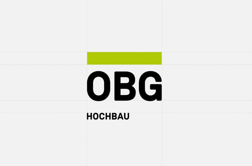 Das Bild zeigt die fetten schwarzen Buchstaben OBG mit dem Wort HOCHBAU in kleinerer Schrift darunter, was ein modernes Corporate Design widerspiegelt. Über der OBG befindet sich ein horizontales grünes Rechteck. Der Hintergrund ist hellgrau mit dezenten Gitterlinien.