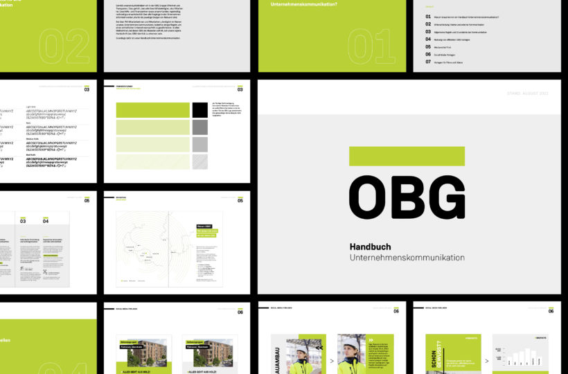 Ein Raster von Folien aus einem Corporate Design Markenhandbuch mit lindgrünem, schwarzem, grauem und weißem Hintergrund mit Text, Diagrammen und Bildern von Menschen mit Schutzhelmen. Die mittlere Folie zeigt "OBG Handbuch Unternehmenskommunikation".