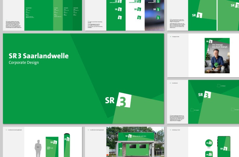 Eine Collage von Branding-Materialien für SR 3 Saarlandwelle, die ein grün-weißes Farbschema, Logodesigns, Beschilderungen, einen Kiosk und einen Mann mit Werbematerialien zeigt - alles vereint durch das unverwechselbare Corporate Design.