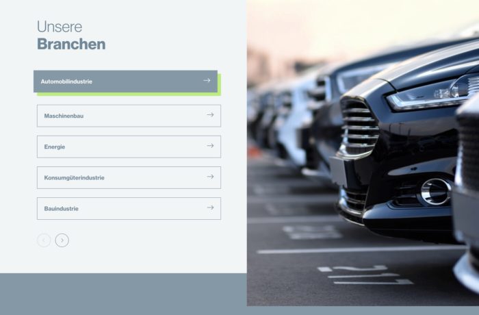 Ein Abschnitt der Website mit dem Titel "Unsere Branchen" wird angezeigt, in dem ein Menü mit fünf Branchen aufgeführt ist. Die Automobilindustrie ist hervorgehoben, mit Dillinger und Saarstahl. Auf der rechten Seite sind Autos in einer Reihe geparkt, von vorne gesehen. Ein Abschnitt der Website mit dem Titel "Unsere Branchen" wird angezeigt, in dem ein Menü mit fünf Branchen aufgeführt ist. Die Automobilindustrie ist hervorgehoben, mit Dillinger und Saarstahl. Auf der rechten Seite sind Autos in einer Reihe geparkt, von vorne gesehen.