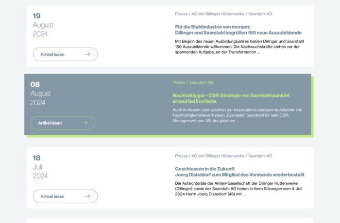 Eine deutsche Website listet Nachrichtenartikel mit Datum auf. Ein hervorgehobener Artikel vom 8. August 2024 berichtet über die CSR-Strategie von Saarstahl, die EcoVadis-Punkte bringt. Weitere Artikel über Saarstahl und Dillinger erscheinen oben und unten in der Liste. Eine deutsche Website listet Nachrichtenartikel mit Datum auf. Ein hervorgehobener Artikel vom 8. August 2024 berichtet über die CSR-Strategie von Saarstahl, die EcoVadis-Punkte bringt. Weitere Artikel über Saarstahl und Dillinger erscheinen oben und unten in der Liste.