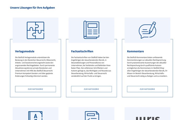 Screenshot einer deutschen Website mit drei Lösungskategorien: Verlagsmodule, Fachzeitschriften und Kommentare, jeweils mit Symbolen und kurzen Beschreibungen. Screenshot einer deutschen Website mit drei Lösungskategorien: Verlagsmodule, Fachzeitschriften und Kommentare, jeweils mit Symbolen und kurzen Beschreibungen.