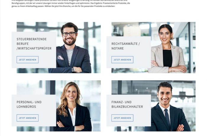 Vier Geschäftsleute, zwei Männer und zwei Frauen, in formeller Kleidung, jeder für sich stehend und lächelnd. Jeder ist mit einem anderen Beruf beschriftet: Steuerberater, Rechtsanwalt/Notar, Personalwesen/Lohnbuchhaltung und Finanzen/Buchhaltung. Vier Geschäftsleute, zwei Männer und zwei Frauen, in formeller Kleidung, jeder für sich stehend und lächelnd. Jeder ist mit einem anderen Beruf beschriftet: Steuerberater, Rechtsanwalt/Notar, Personalwesen/Lohnbuchhaltung und Finanzen/Buchhaltung.
