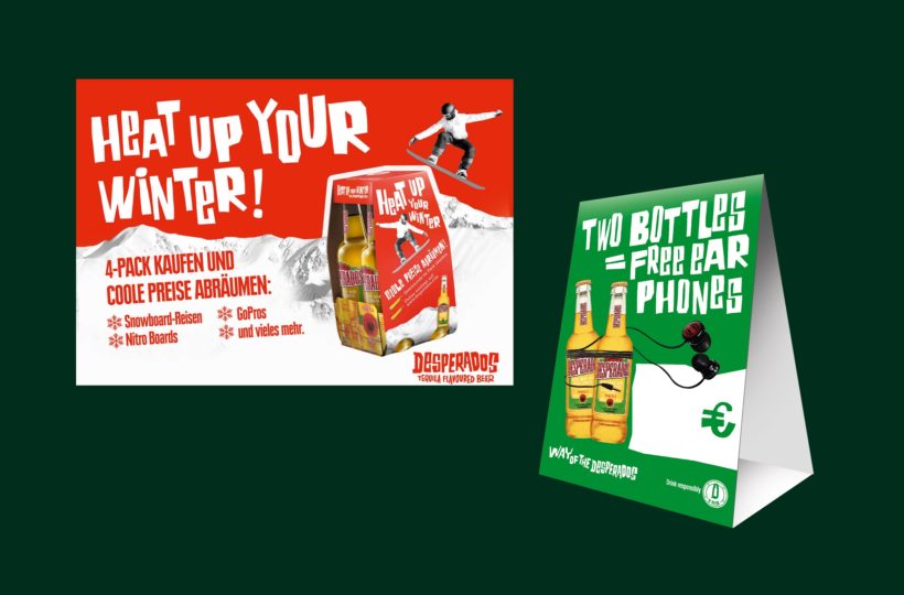 Zwei Bierwerbespots: einer mit einem Snowboarder und dem Text Heat Up Your Winter!, der andere mit dem Text Two Bottles = Free Earphones, beide mit Desperados-Bierflaschen und leuchtenden, kräftigen Farben.
