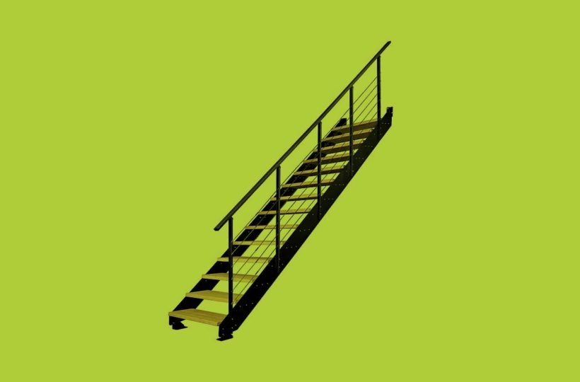 Eine schwarze Metalltreppe mit Geländer, schräg dargestellt vor einem kräftigen hellgrünen Hintergrund.