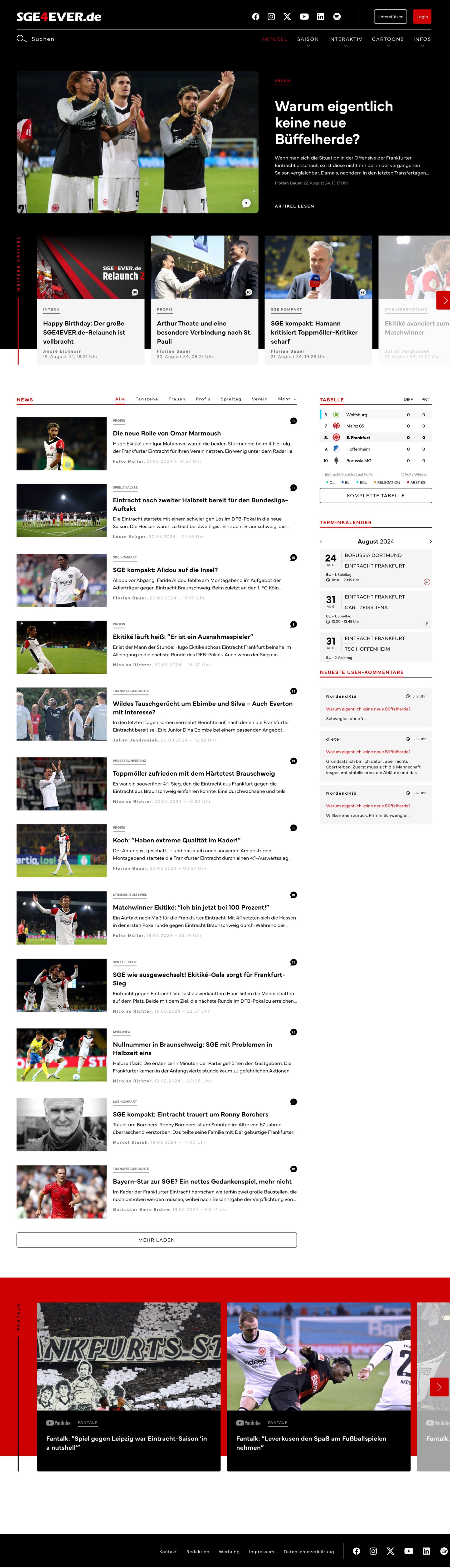 Screenshot einer deutschen Sportnachrichten-Website mit Artikeln, Bildern von Fußballspielern in Aktion, einer Seitenleiste mit Statistiken, aktuellen Kommentaren und einem Zeitplan in den Farben Schwarz, Rot und Weiß.