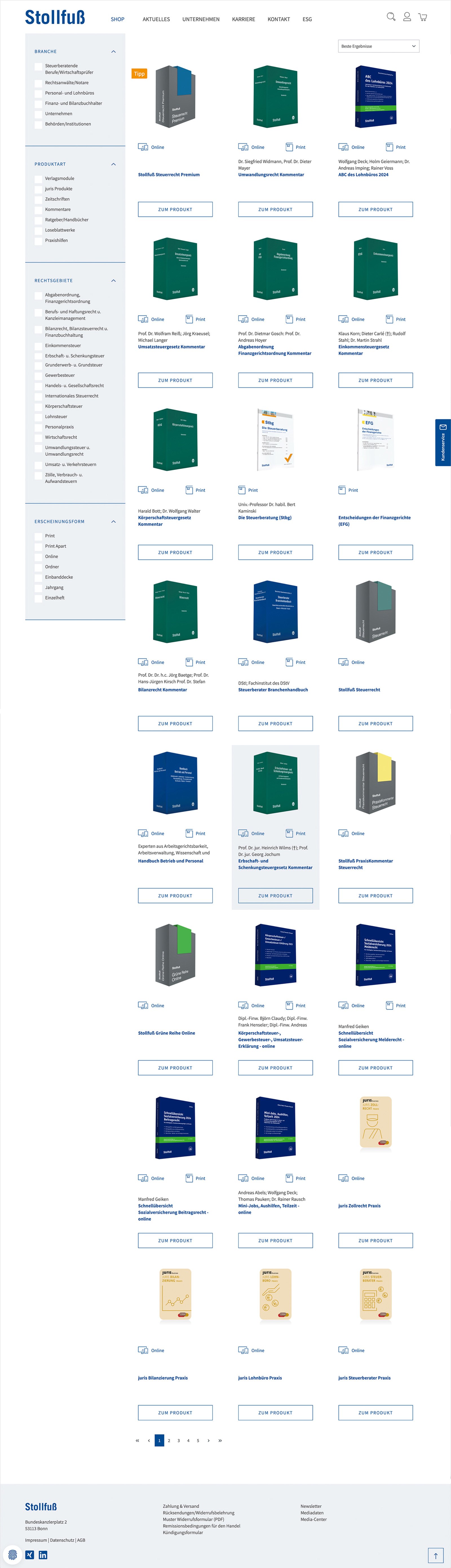 Screenshot einer Website, auf der verschiedene juristische Bücher und Ressourcen zum Kauf angeboten werden, dargestellt in einem Rasterformat mit Buchumschlagbildern, Titeln, Preisen und Schaltflächen zum Hinzufügen zum Warenkorb. Das Menü der Website und die Filter sind auf der linken Seite sichtbar.