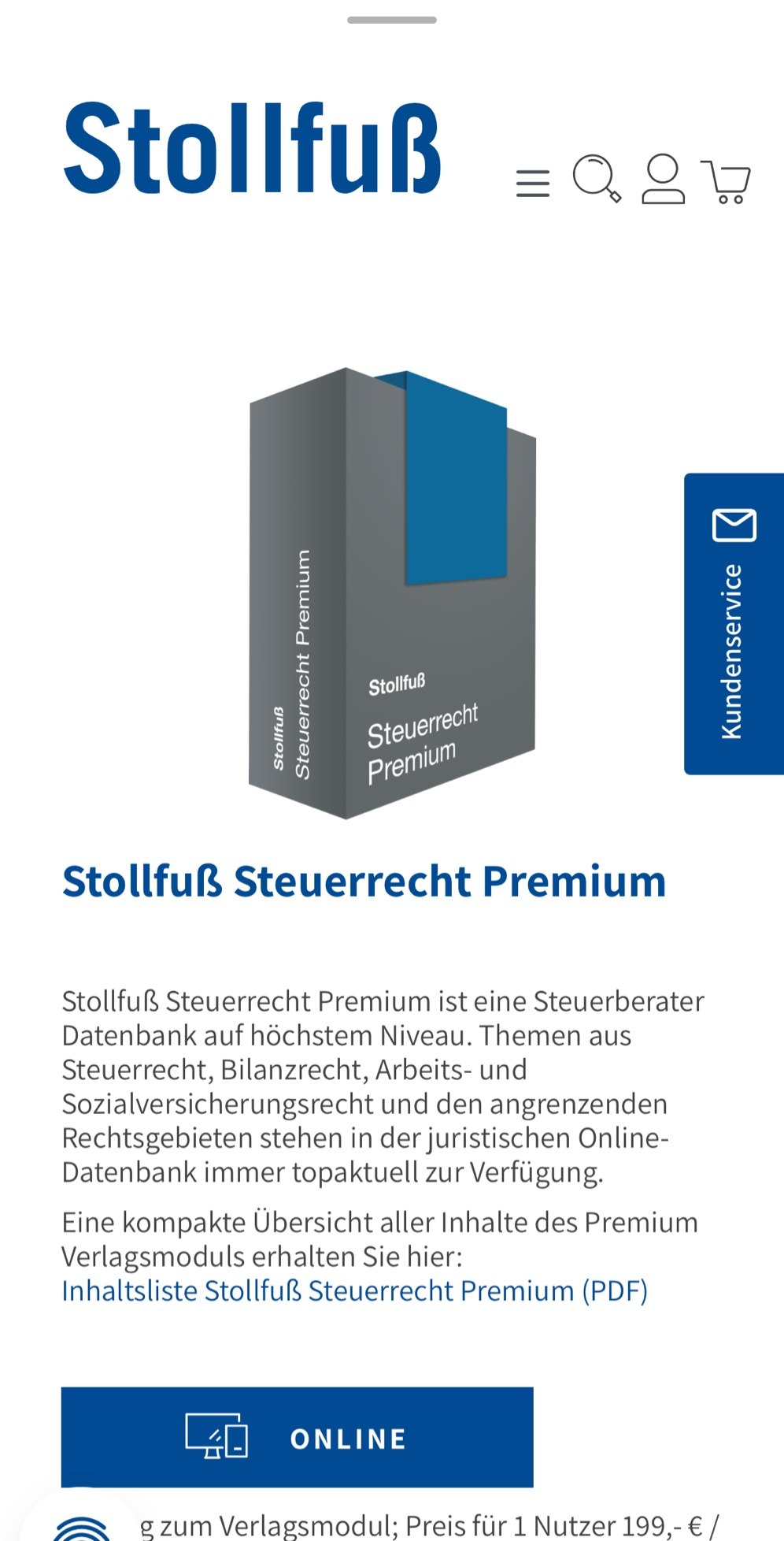 Screenshot der Stollfuß Steuerrecht Premium-Webseite mit einem grauen Kasten, der das Produkt darstellt, einem Navigationsmenü und einem beschreibenden Text über das Premiumprodukt der Steuerrechtsdatenbank.