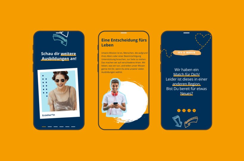 Drei Smartphone-Bildschirme zeigen eine deutschsprachige App-Benutzeroberfläche mit blauen und orangefarbenen Akzenten, auf der eine Frau mit Sonnenbrille, ein Informationstext über Bildung und eine Nachricht über die Suche nach einem passenden Partner in einer anderen Region zu sehen sind.