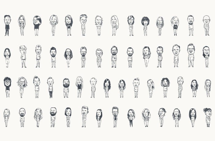 Ein Raster aus handgezeichneten Karikaturen verschiedener Personen, alle stehend und nach vorne blickend, angeordnet in sechs Reihen auf einem schlichten weißen Hintergrund - perfekt, um das kreative Talent einer Werbeagentur im Saarland zu präsentieren.