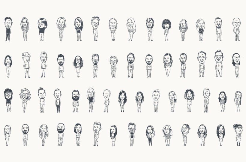 Ein Raster aus handgezeichneten Karikaturen verschiedener Personen, alle stehend und nach vorne blickend, angeordnet in sechs Reihen auf einem schlichten weißen Hintergrund - perfekt, um das kreative Talent einer Werbeagentur im Saarland zu präsentieren.