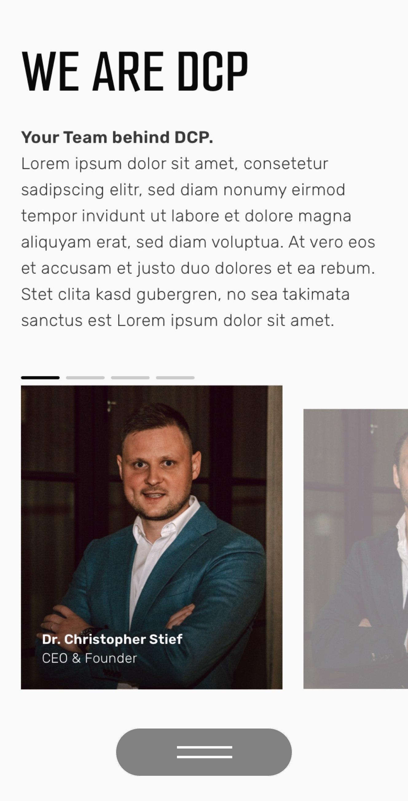 Ein professionelles Profil für We Are DCP zeigt ein Porträt von Dr. Christopher Stief, CEO & Gründer, in einem Anzug, mit einem Platzhaltertext darüber, der das Data Center Team und das Unternehmen für die Partner-Website beschreibt.