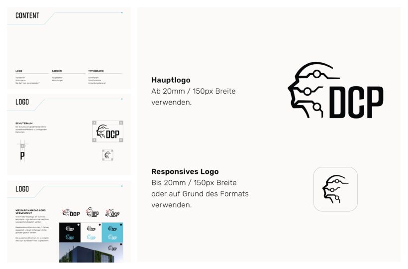Ein Branding-Leitfaden enthält ein schwarzes DCP-Logo mit einem stilisierten Kopf und Schaltkreisen, Anwendungshinweise auf Deutsch sowie Beispiele für responsives Logo-Design in verschiedenen Größen und Formaten – ideal für Rechenzentrumspartner, die ein einheitliches Erscheinungsbild auf ihrer Website gewährleisten möchten.