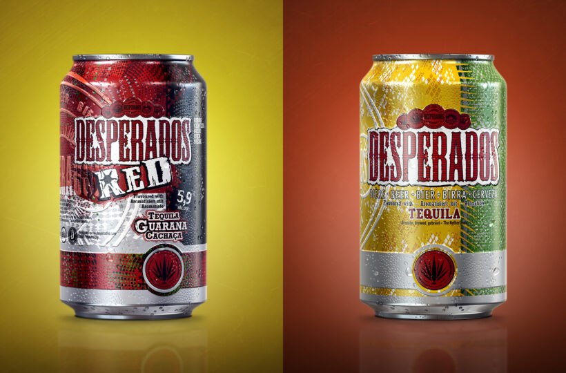 Zwei Dosen Desperados mit auffälligem Produktdesign sind nebeneinander abgebildet. Die linke Dose ist rot und silbern mit Guarana und Cachaça beschriftet, während die rechte gelb und grün mit Tequila beschriftet ist. Beide glänzen mit Wassertropfen.