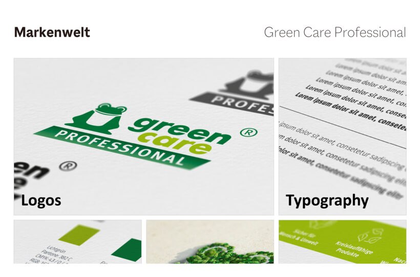 Ein Branding Moodboard mit dem green care PROFESSIONAL Logo, Typografie, Farbmustern und einem Foto von grünem Moos, das die umweltfreundliche Identität von Werner Mertz auf dem CD-Portal hervorhebt.