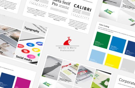 Eine Sammlung von Seiten mit Markenrichtlinien, die Abschnitte über Typografie, Farbkodierung, soziale Medien, Unternehmensschriften, visuelle Bilder und Sicherheitszeichen enthalten, die alle um das Logo von Werner Mertz Professional herum angeordnet und über das CD-Portal zugänglich sind.