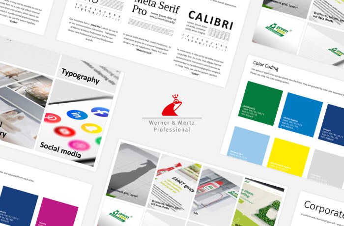 Eine Sammlung von Seiten mit Markenrichtlinien, die Abschnitte über Typografie, Farbkodierung, soziale Medien, Unternehmensschriften, visuelle Bilder und Sicherheitszeichen enthalten, die alle um das Logo von Werner Mertz Professional herum angeordnet und über das CD-Portal zugänglich sind.