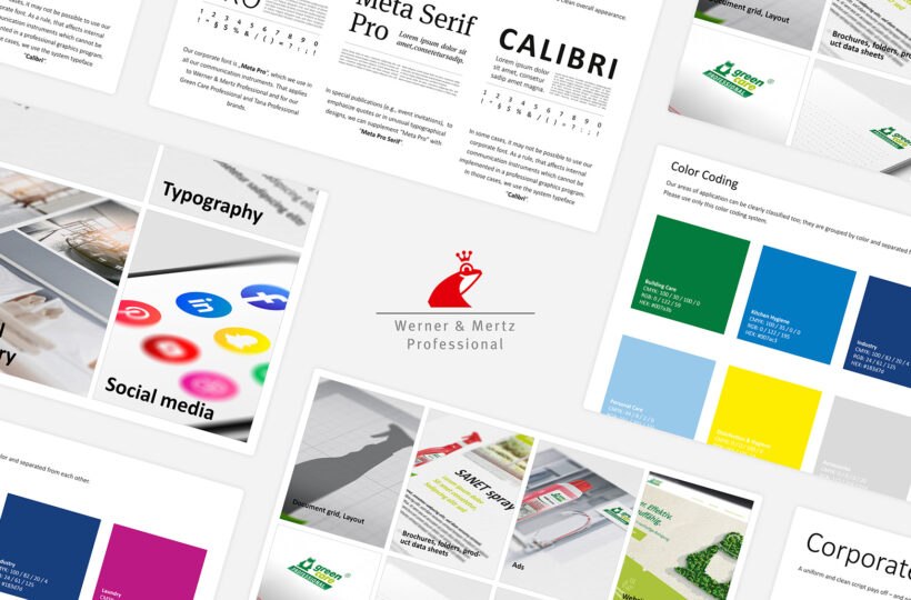 Eine Sammlung von Seiten mit Markenrichtlinien, die Abschnitte über Typografie, Farbkodierung, soziale Medien, Unternehmensschriften, visuelle Bilder und Sicherheitszeichen enthalten, die alle um das Logo von Werner Mertz Professional herum angeordnet und über das CD-Portal zugänglich sind.