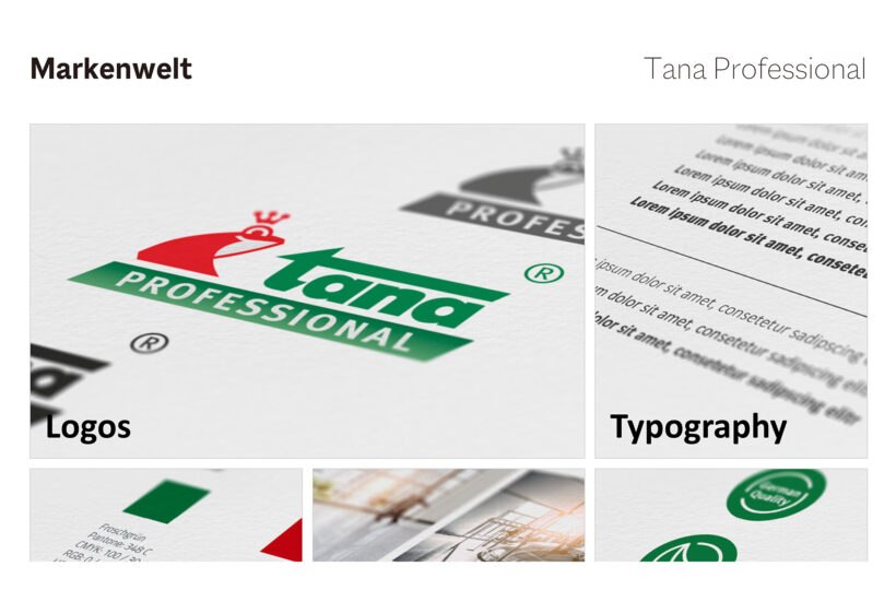Ein Branding-Styleguide für Tana Professional von Werner Mertz, mit dem Logo in Grün und Rot, Beispielen für Typografie und Layout-Elementen, die alle in einem sauberen Rasterdesign innerhalb des CD-Portals angeordnet sind.