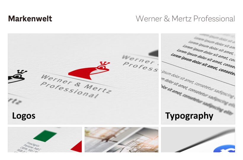 Ein Branding-Guide-Layout für Werner Mertz Professional, das auf dem CD-Portal zu sehen ist, mit Abschnitten für Logos und Typografie, einschließlich Nahaufnahmen eines roten Logos, gedrucktem Text und zusätzlichen Designelementen.