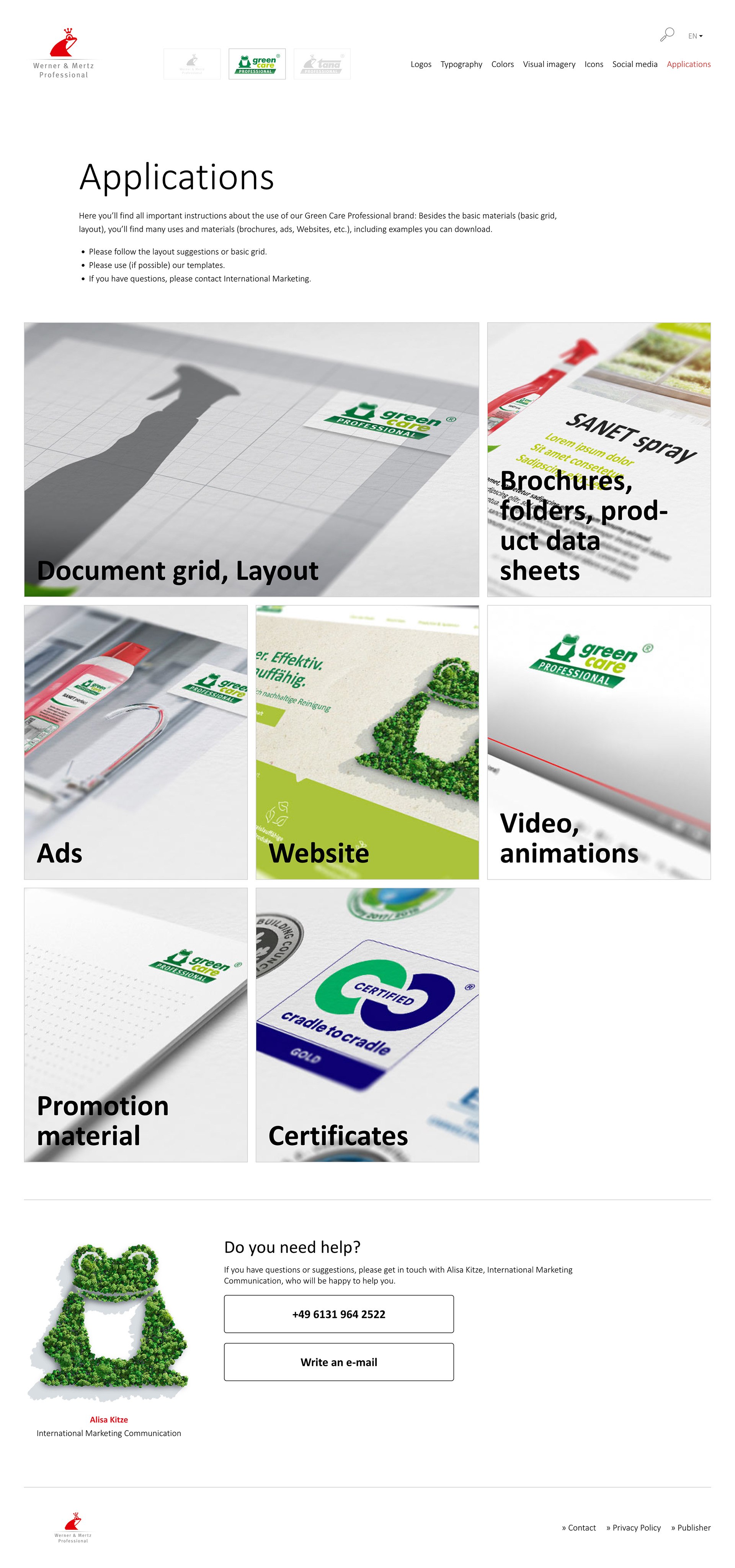 Auf der Seite "Anwendungen" des Werner Mertz CD-Portals finden Sie ein Raster von Bildern mit Medientypen wie Dokumentenlayouts, Broschüren, Anzeigen, Videos, Werbematerialien und Zertifikaten. Ein Kontaktformular befindet sich praktischerweise darunter.