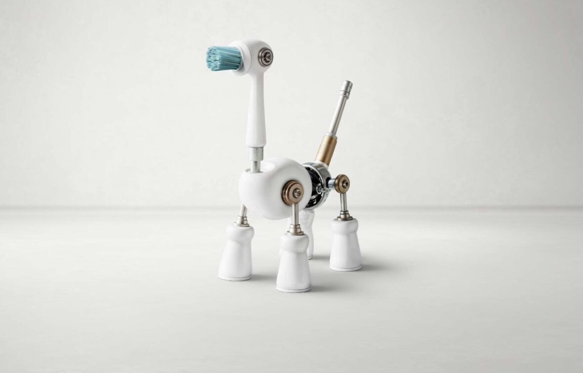 Eine kleine Skulptur in Form eines Hundes, die kreativ aus weißen und metallischen Haushaltsgegenständen wie Zahnbürstenköpfen, Rädern und anderen Hardwareteilen zusammengesetzt ist, zeugt vom Erfindergeist einer Produktkampagne für Minitec Werkerasitsenzsysteme.
